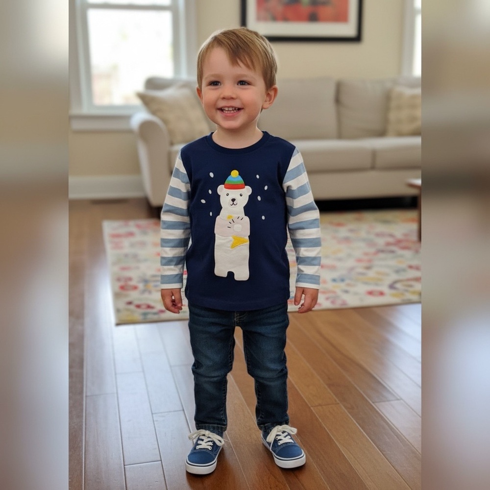 Kids Navy Bear Long Sleeve Shirt with Striped Sleeves